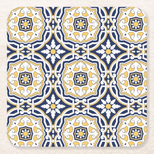 Moroccan vivid blue yellow intricate ornamental square paper coaster