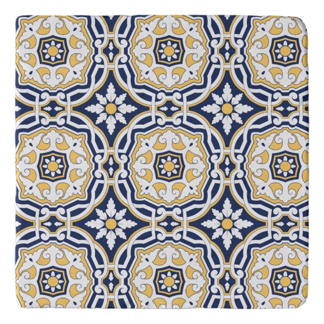 Moroccan vivid blue yellow intricate ornamental  trivet (Front)