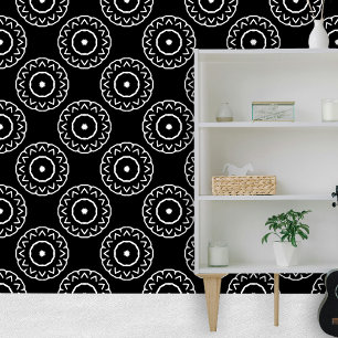 Moroccan White Simple Mandala Motifs on Black Wallpaper