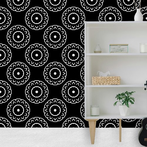 Moroccan White Simple Mandala Motifs on Black  Wallpaper