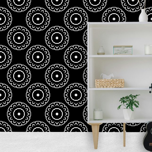 Moroccan White Simple Mandala Motifs on Black  Wallpaper (Creator Uploaded)