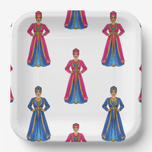 Moroccan Woman in Traditional Clothing Pattern Paper Plates