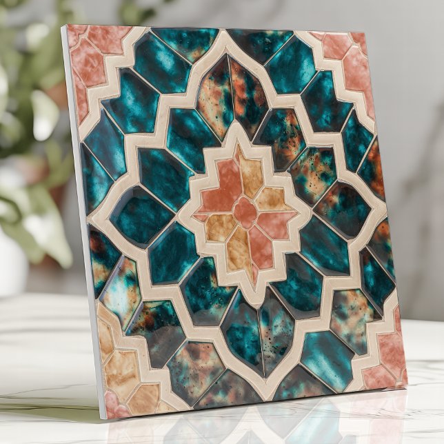 Moroccan Zellige Deep Teal and Coral Ceramic Tile (Creator Uploaded)