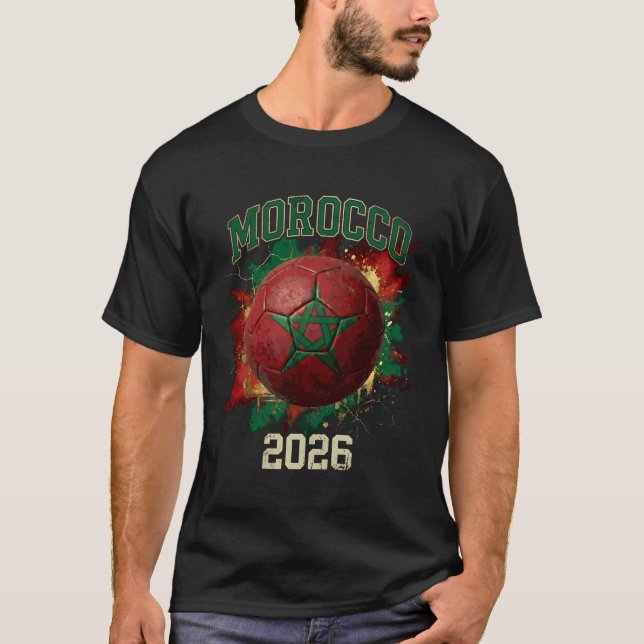 Morocco 2026 Soccer Flag Paint Splashed Football T-Shirt (Front)
