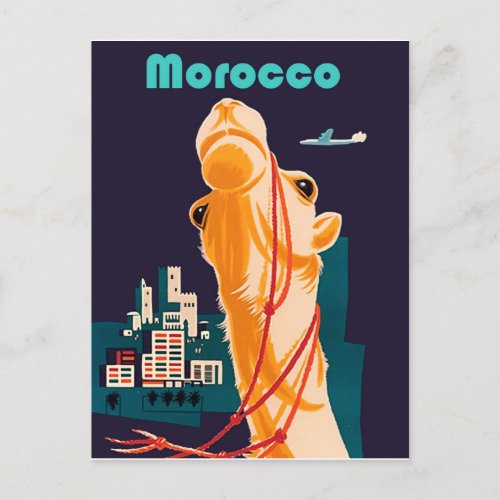 Morocco camel in front of the city vintage postcard