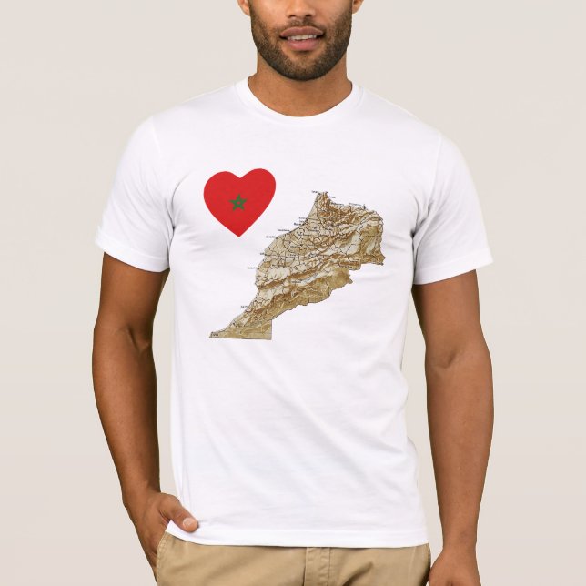 Morocco Flag Heart and Map T-Shirt (Front)