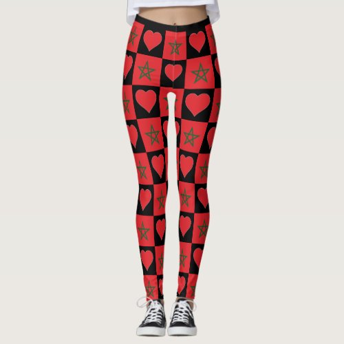 Morocco Flag Heart Pattern Patriotic Moroccan Leggings