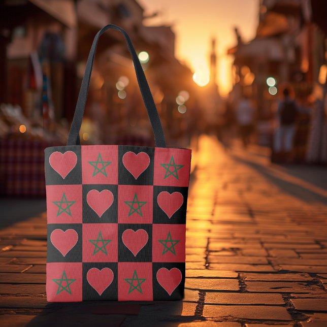 Morocco Flag Heart Pattern Patriotic Moroccan Tote Bag (Morocco tote bag with Moroccan flag and heart pattern at a Marrakech marketplace.)
