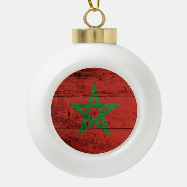 Morocco Flag on Old Wood Grain Ceramic Ball Christmas Ornament (Front)