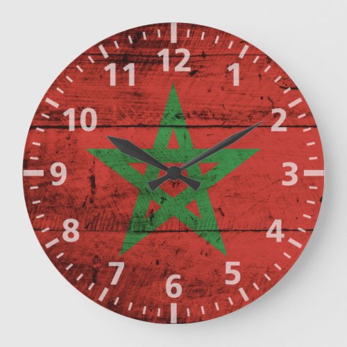 Morocco Flag on Old Wood Grain Large Clock