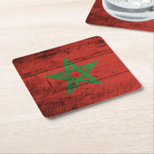 Morocco Flag on Old Wood Grain Square Paper Coaster