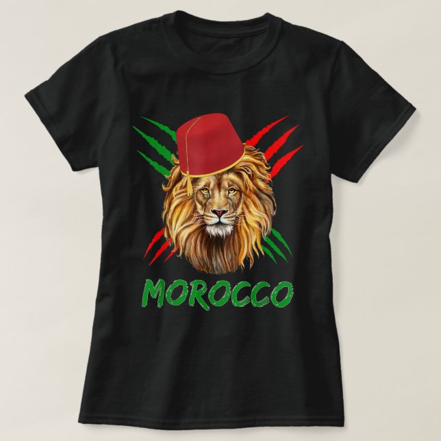 Morocco Lion Flag Sport Morocco with moroccan hat  T-Shirt (Design Front)