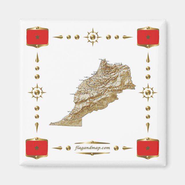 Morocco Map + Flags Magnet (Front)
