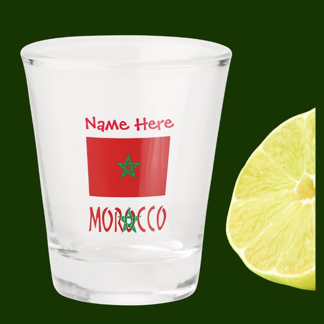Morocco Moroccan Flag Red Personalized Name Shot Glass (Moroccan flag on shot glass has the word MOROCCO below in flag colors. Add name in red text above.)