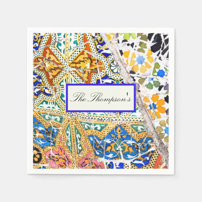 Morocco Mosaic Blue Orange Black Floral Pattern  Napkins (Front)