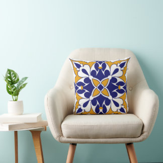 Morocco Square Tile Yellow Blue Bohemian Pattern Throw Pillow