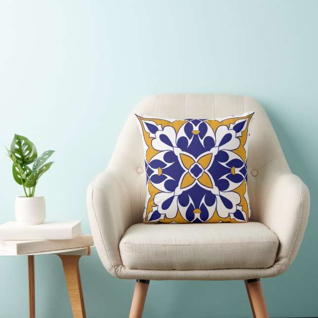 Morocco Square Tile Yellow Blue Bohemian Pattern Throw Pillow (Chair)