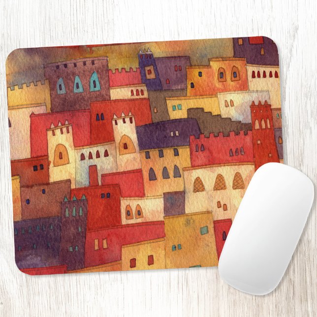 Morocco Watercolor Mouse Pad (Morrocco watercolor townscape art mousemat)