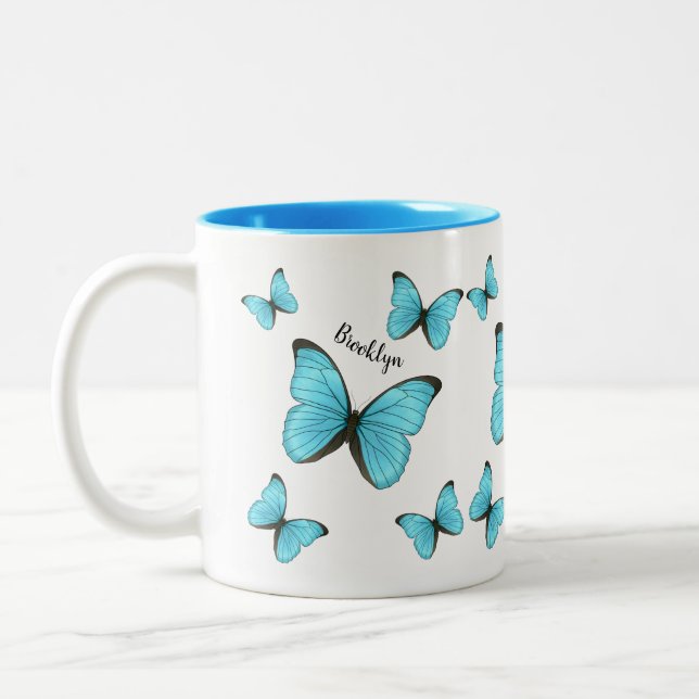 Morpho butterflies cartoon illustration  Two-Tone coffee mug (Left)