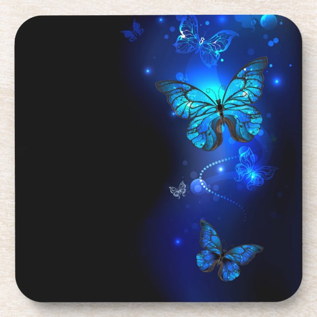 Morpho Butterfly in the Dark Background Beverage Coaster (Front)