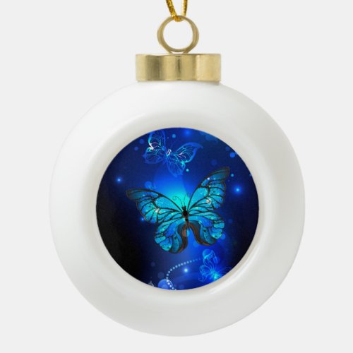 Morpho Butterfly in the Dark Background Ceramic Ball Christmas Ornament