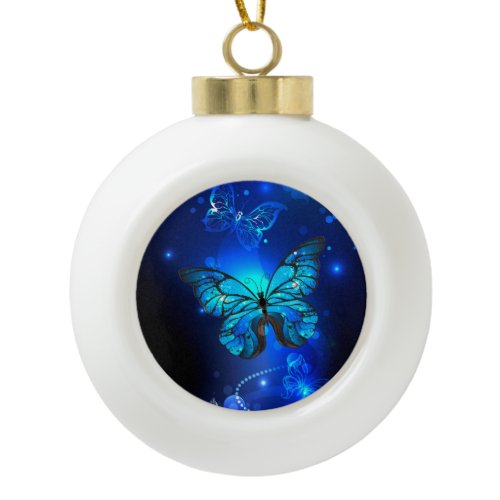 Morpho Butterfly in the Dark Background Ceramic Ball Christmas Ornament