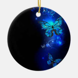 Morpho Butterfly in the Dark Background Ceramic Ornament