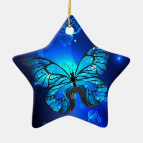 Morpho Butterfly in the Dark Background Ceramic Ornament