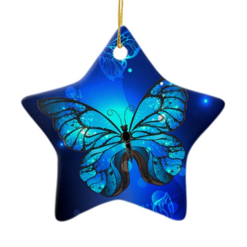 Morpho Butterfly in the Dark Background Ceramic Ornament
