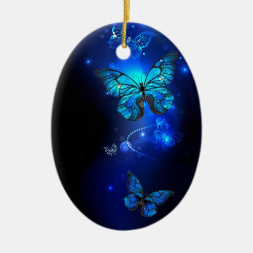 Morpho Butterfly in the Dark Background Ceramic Ornament