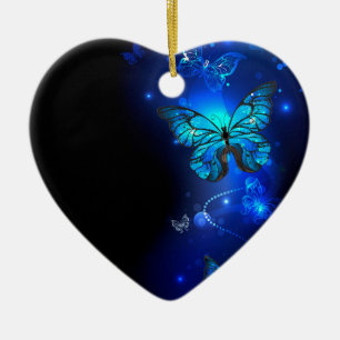 Morpho Butterfly in the Dark Background Ceramic Ornament