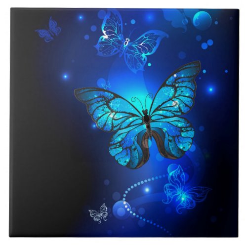 Morpho Butterfly in the Dark Background Ceramic Tile
