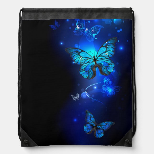 Morpho Butterfly in the Dark Background Drawstring Bag (Front)
