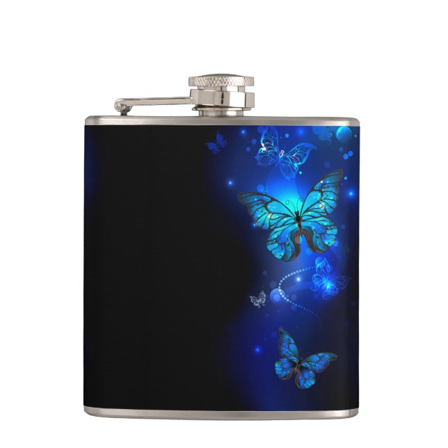Morpho Butterfly in the Dark Background Flask (Front)