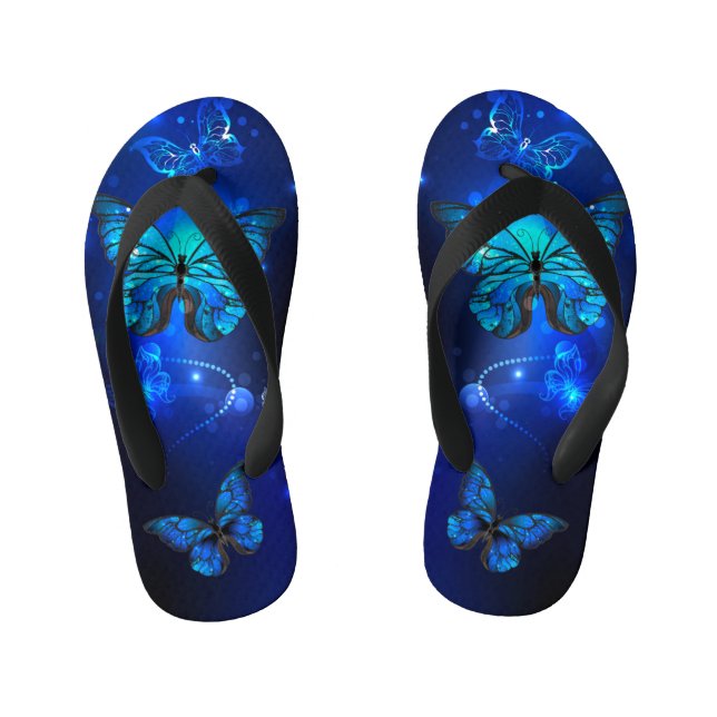 Morpho Butterfly in the Dark Background Kid's Flip Flops (Footbed)
