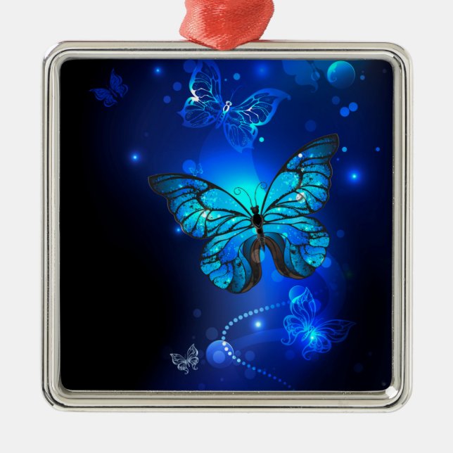 Morpho Butterfly in the Dark Background Metal Ornament (Front)