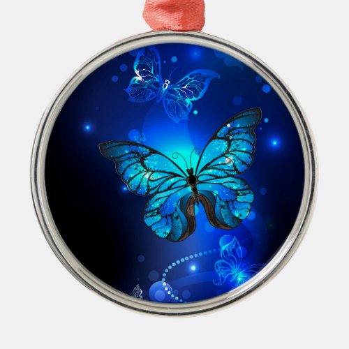 Morpho Butterfly in the Dark Background Metal Ornament