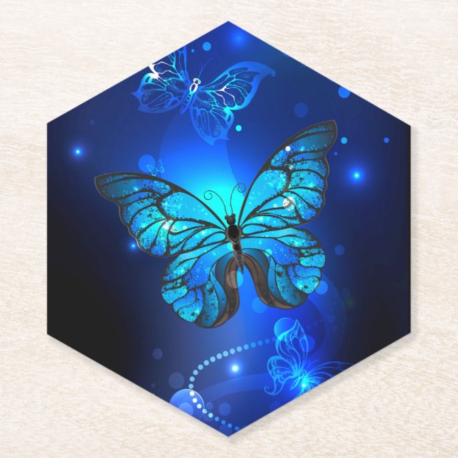 Morpho Butterfly in the Dark Background Paper Coaster (Front)