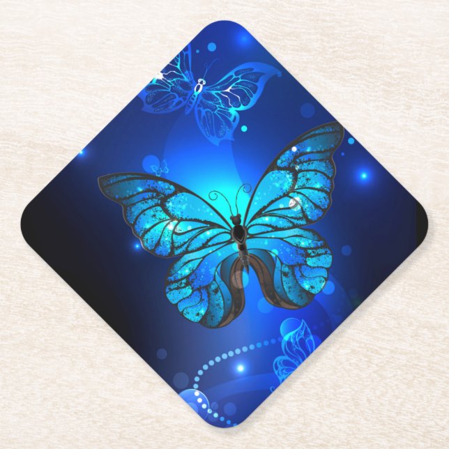 Morpho Butterfly in the Dark Background Paper Coaster (Front)