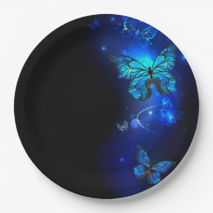 Morpho Butterfly in the Dark Background Paper Plates