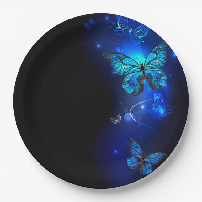 Morpho Butterfly in the Dark Background Paper Plates (Front)