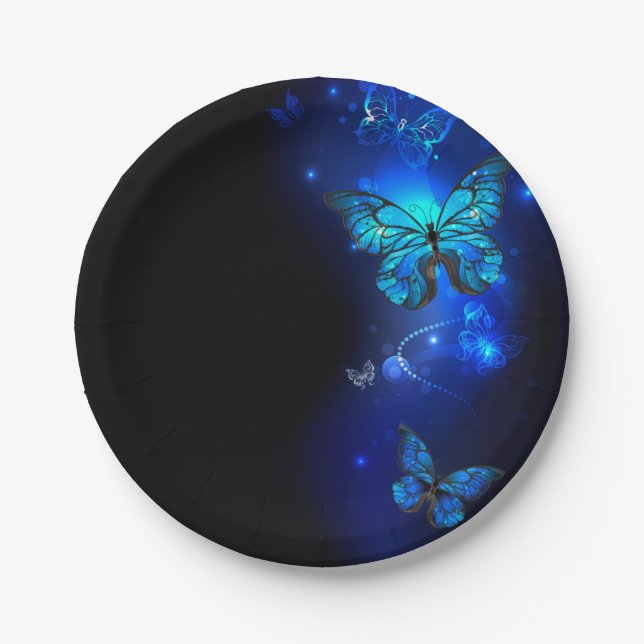 Morpho Butterfly in the Dark Background Paper Plates (Front)