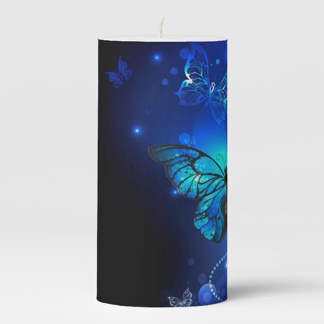 Morpho Butterfly in the Dark Background Pillar Candle (Front)