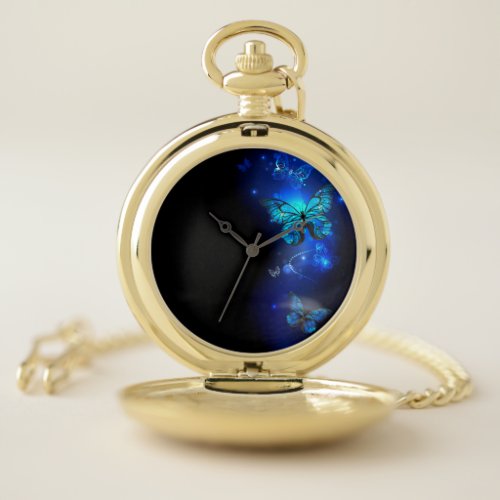 Morpho Butterfly in the Dark Background Pocket Watch