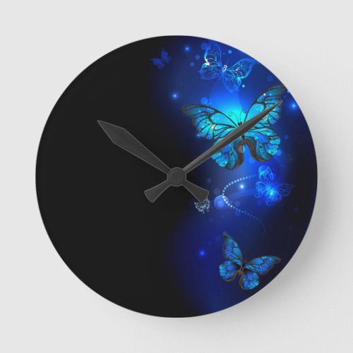 Morpho Butterfly in the Dark Background Round Clock