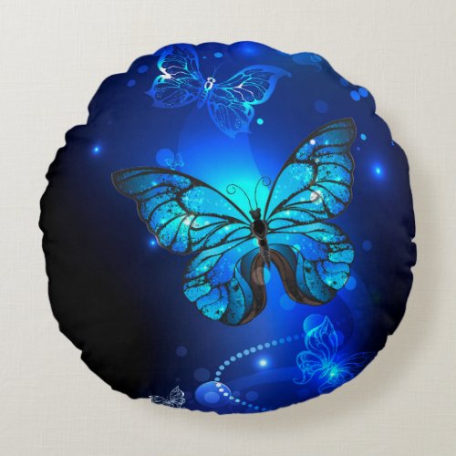 Morpho Butterfly in the Dark Background Round Pillow