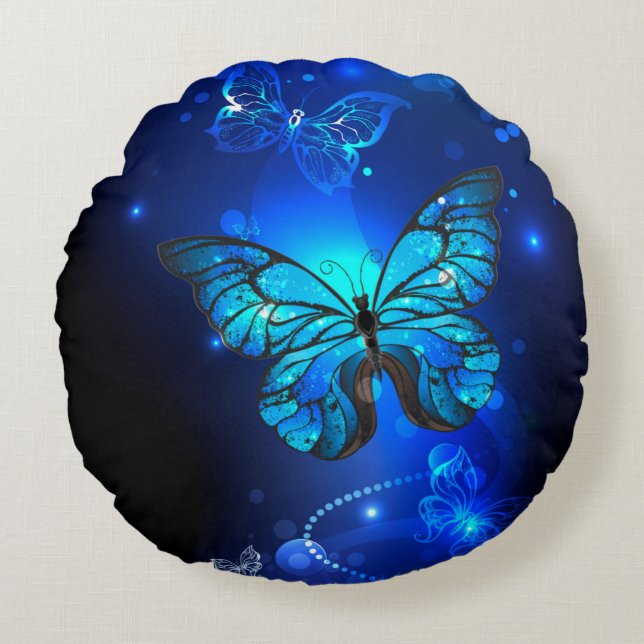 Morpho Butterfly in the Dark Background Round Pillow (Front)