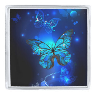 Morpho Butterfly in the Dark Background Silver Finish Lapel Pin