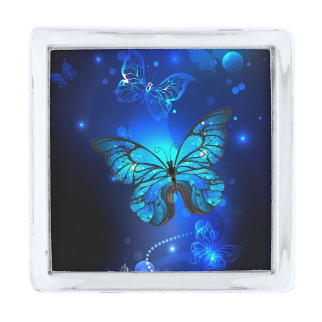 Morpho Butterfly in the Dark Background Silver Finish Lapel Pin (Front)
