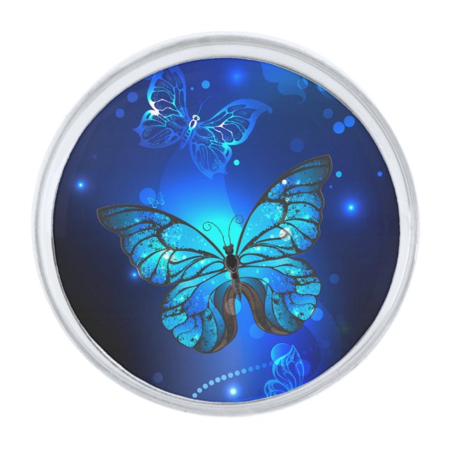 Morpho Butterfly in the Dark Background Silver Finish Lapel Pin (Front)